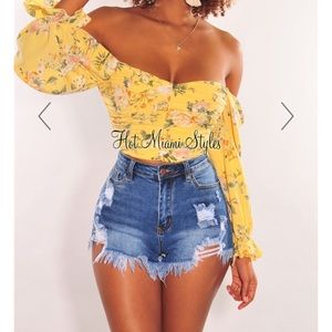 Hot Miami Styles Dark Denim Destroyed Frayed Hem Shorts
